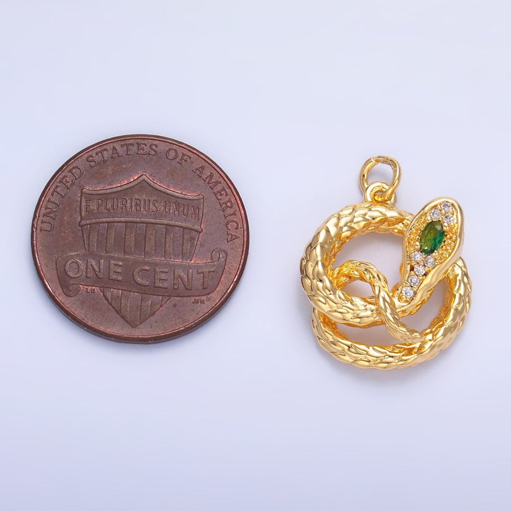 24K Gold plated Green CZ Micro Paved Circular Snake Serpent Animal Charm in Gold & Silver | W365