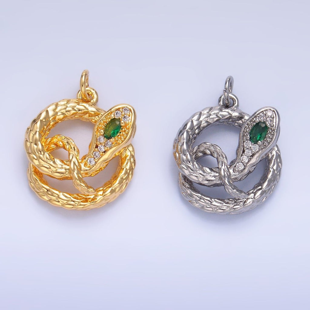 24K Gold plated Green CZ Micro Paved Circular Snake Serpent Animal Charm in Gold & Silver | W365