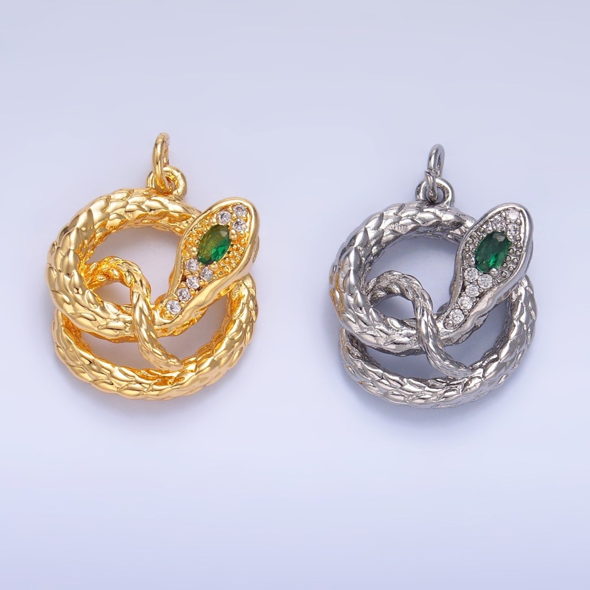 24K Gold plated Green CZ Micro Paved Circular Snake Serpent Animal Charm in Gold & Silver | W365