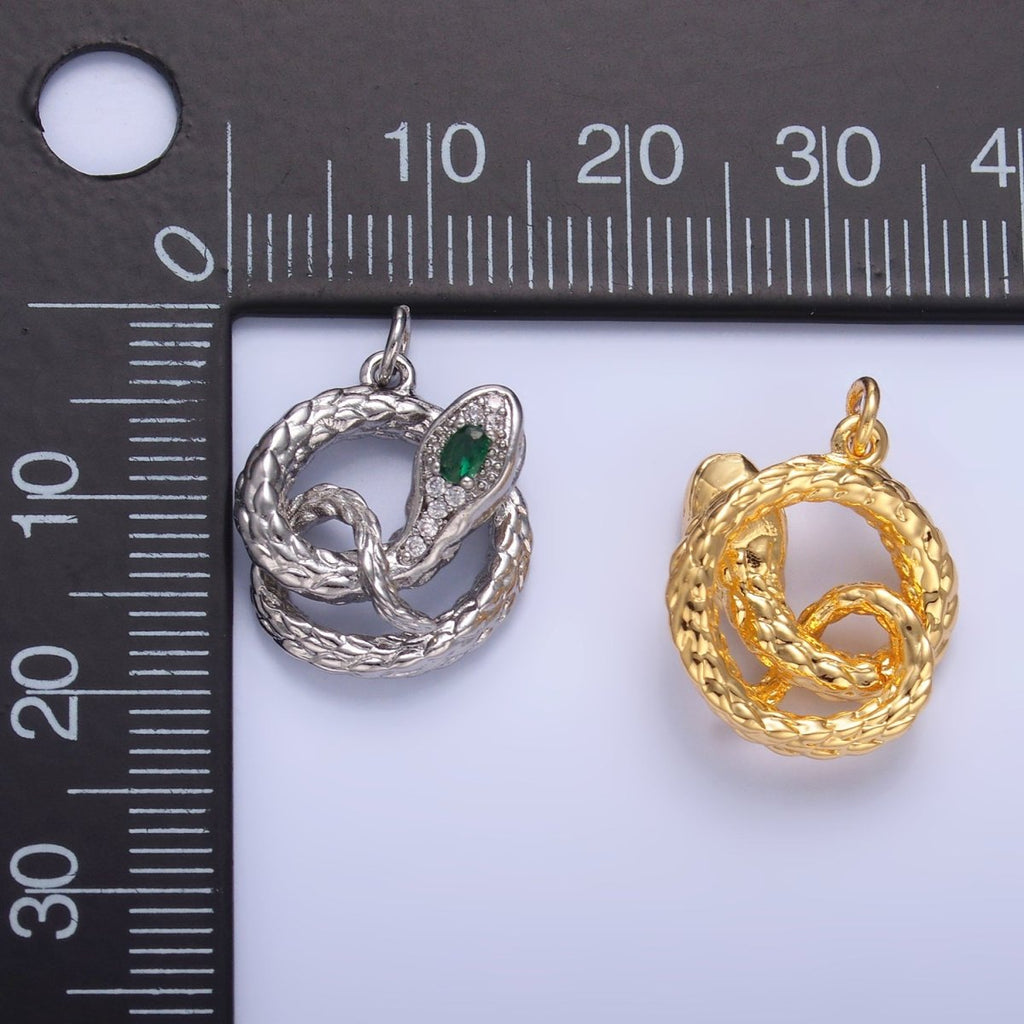 24K Gold plated Green CZ Micro Paved Circular Snake Serpent Animal Charm in Gold & Silver | W365
