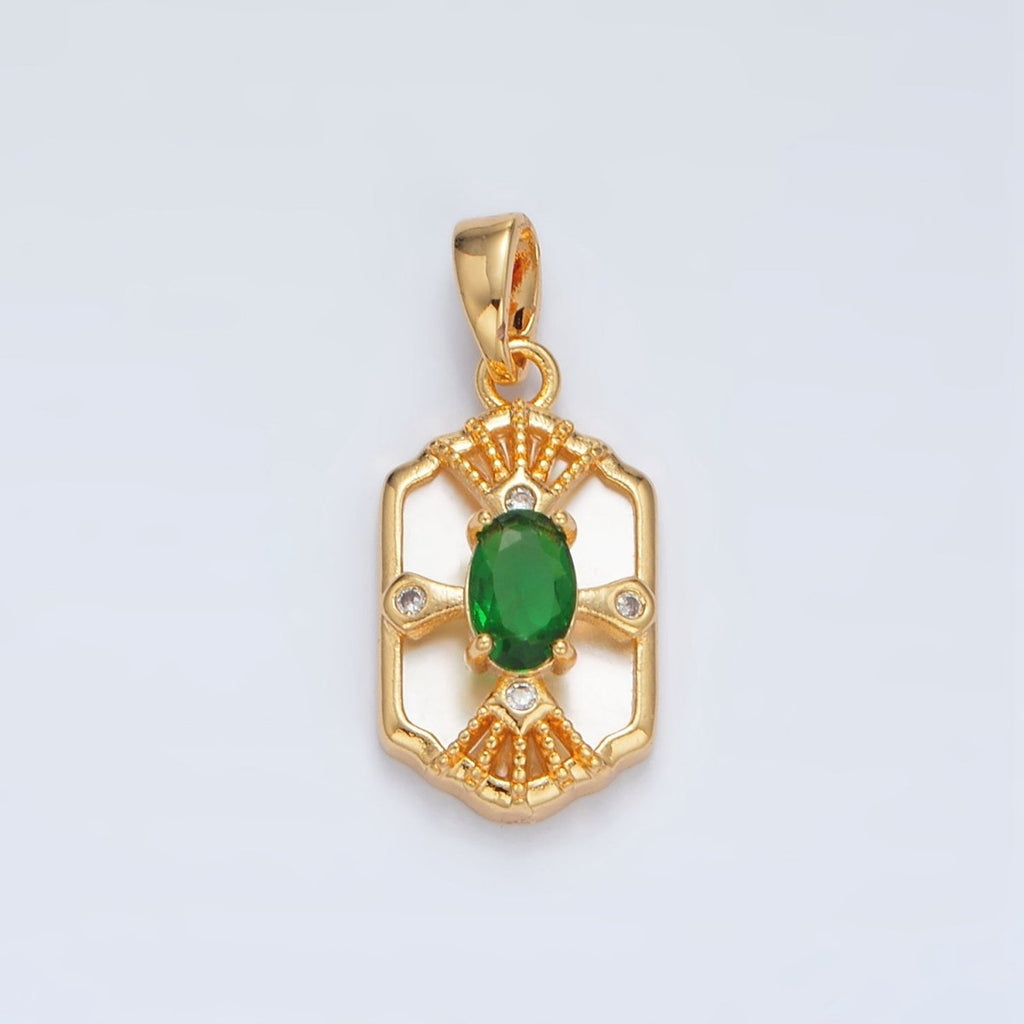 24K Gold plated Green CZ Shell Pearl Dotted Geometric Bezel Pendant | AA1516 - DLUXCA