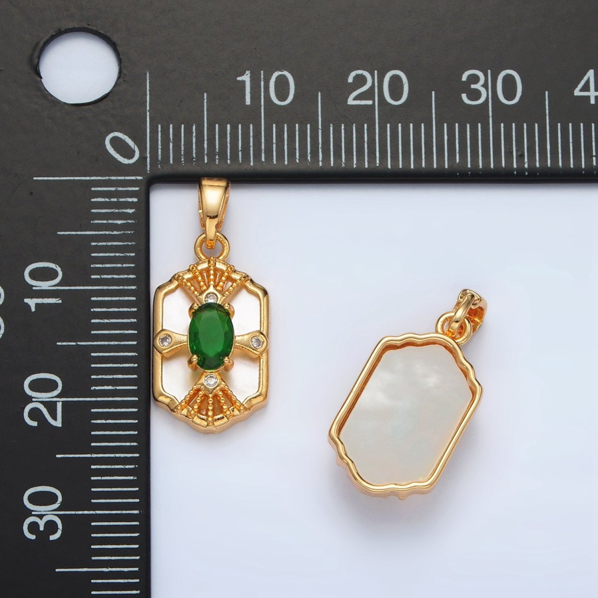 24K Gold plated Green CZ Shell Pearl Dotted Geometric Bezel Pendant | AA1516 - DLUXCA