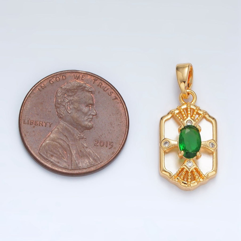 24K Gold plated Green CZ Shell Pearl Dotted Geometric Bezel Pendant | AA1516 - DLUXCA