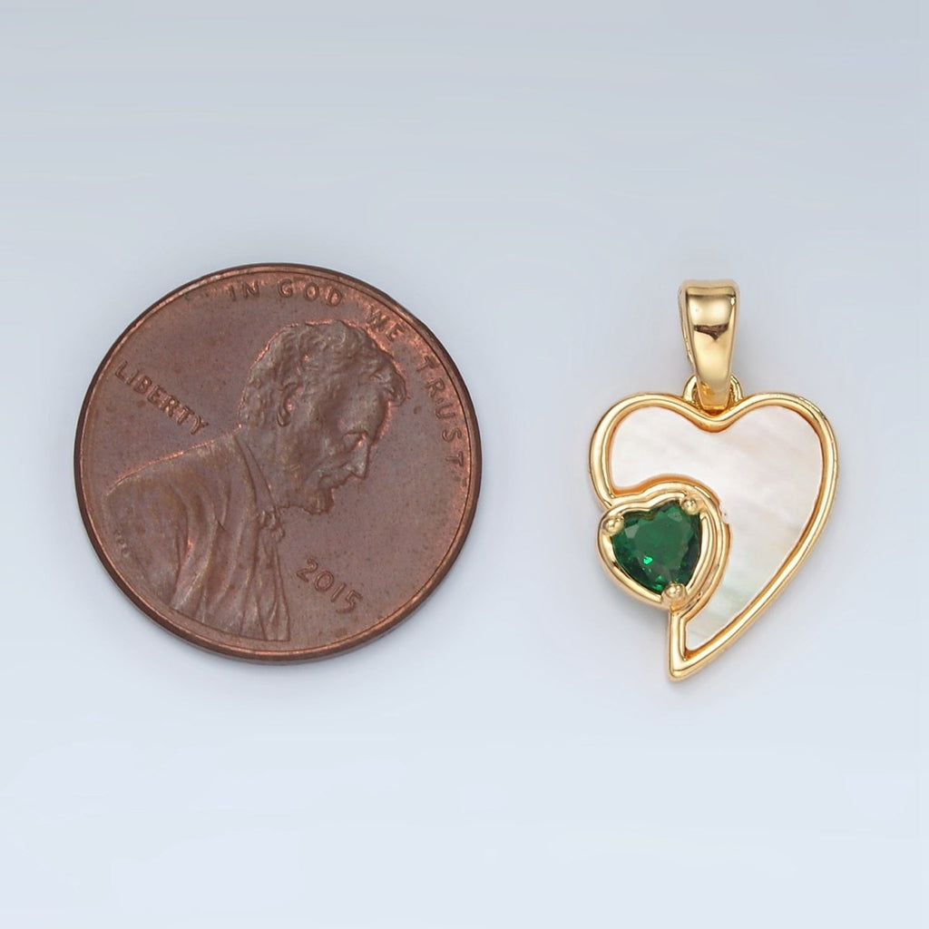 24K Gold plated Green CZ Shell Pearl Heart Bezel Pendant | H739 - DLUXCA