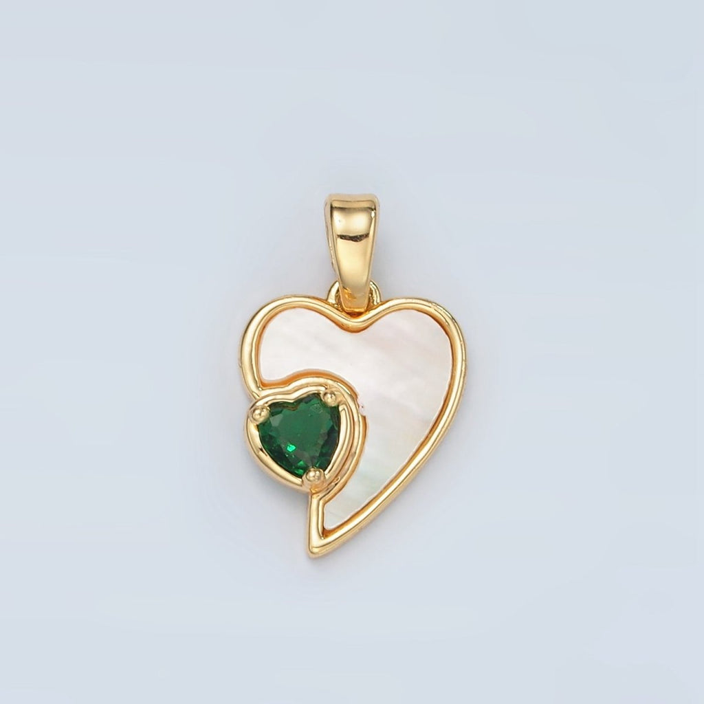 24K Gold plated Green CZ Shell Pearl Heart Bezel Pendant | H739 - DLUXCA