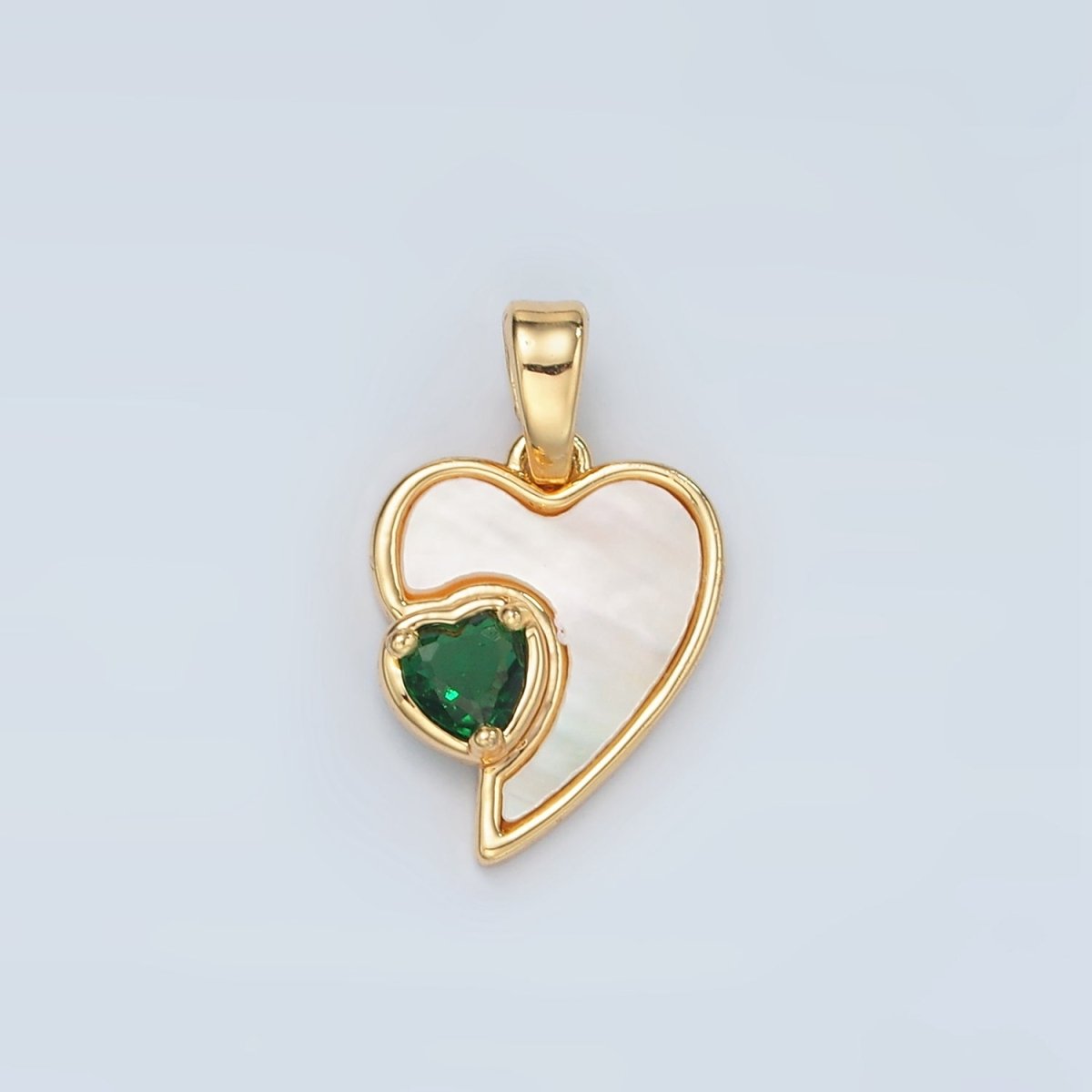 24K Gold plated Green CZ Shell Pearl Heart Bezel Pendant | H739 - DLUXCA