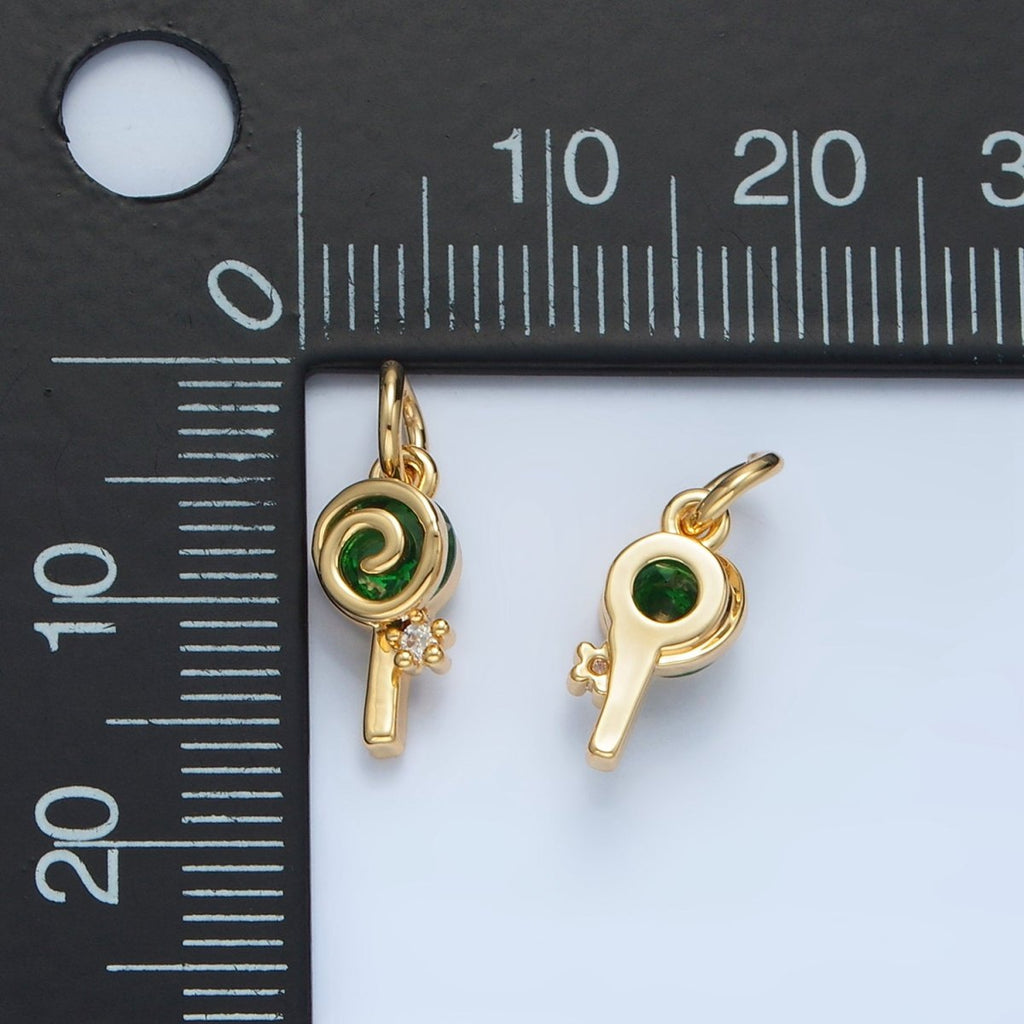 24K Gold plated Green CZ Sweet Swirl Lollipop Candy Food Charm | X287 - DLUXCA