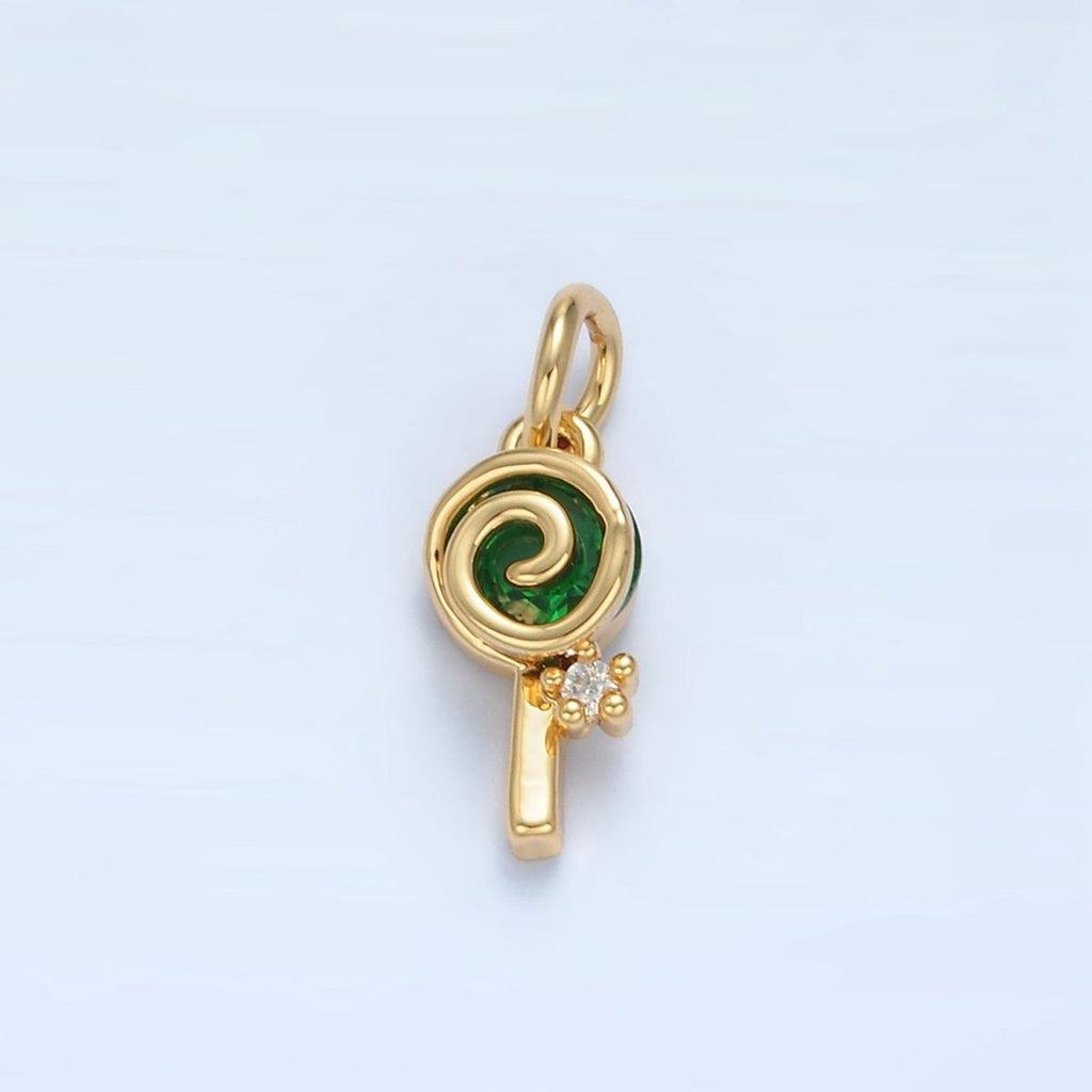 24K Gold plated Green CZ Sweet Swirl Lollipop Candy Food Charm | X287 - DLUXCA