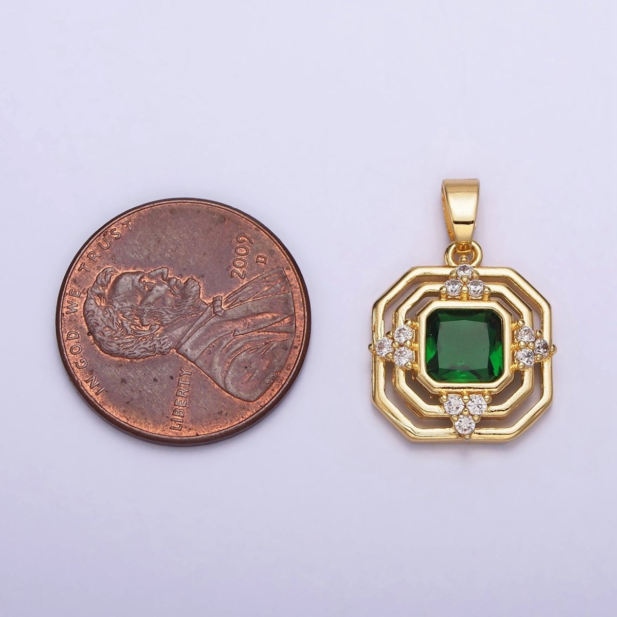 24K Gold plated Green CZ Triangle Triple Frame Hexagonal Pendant | AA566 - DLUXCA