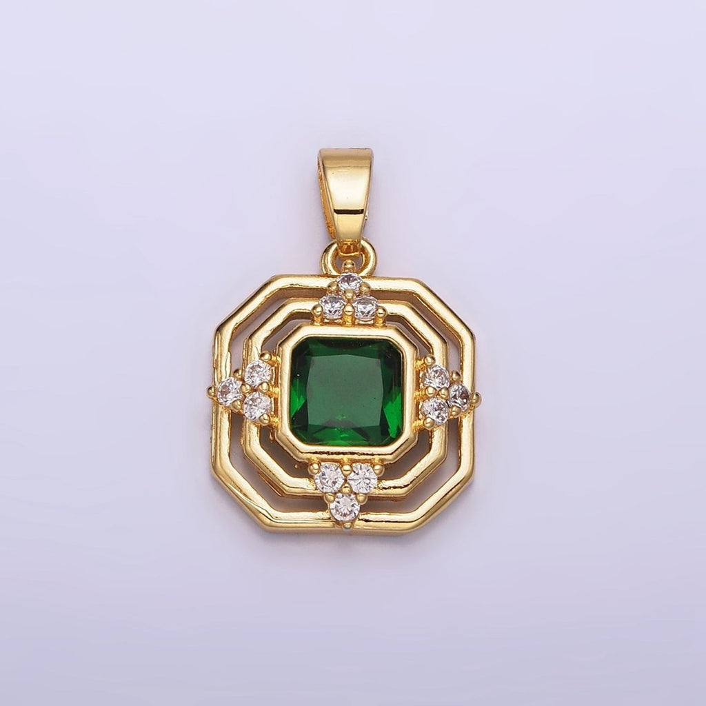 24K Gold plated Green CZ Triangle Triple Frame Hexagonal Pendant | AA566 - DLUXCA