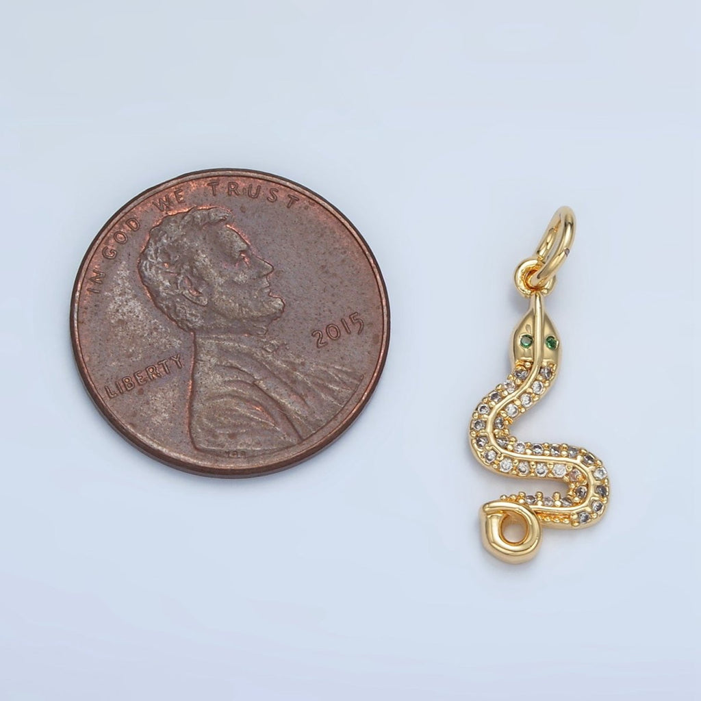 24K Gold plated Green - Eyed Micro Paved CZ Snake Serpent Animal Charm | N1394 - DLUXCA