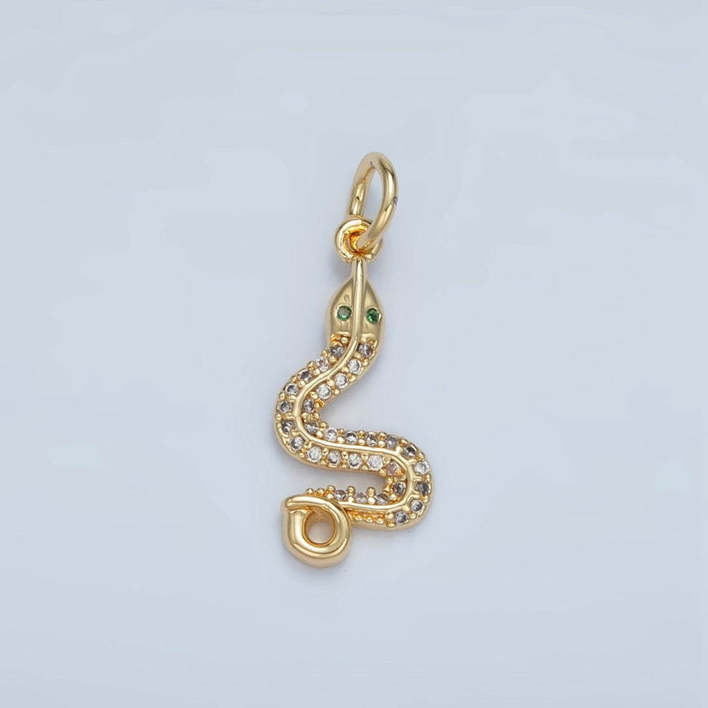 24K Gold plated Green - Eyed Micro Paved CZ Snake Serpent Animal Charm | N1394 - DLUXCA