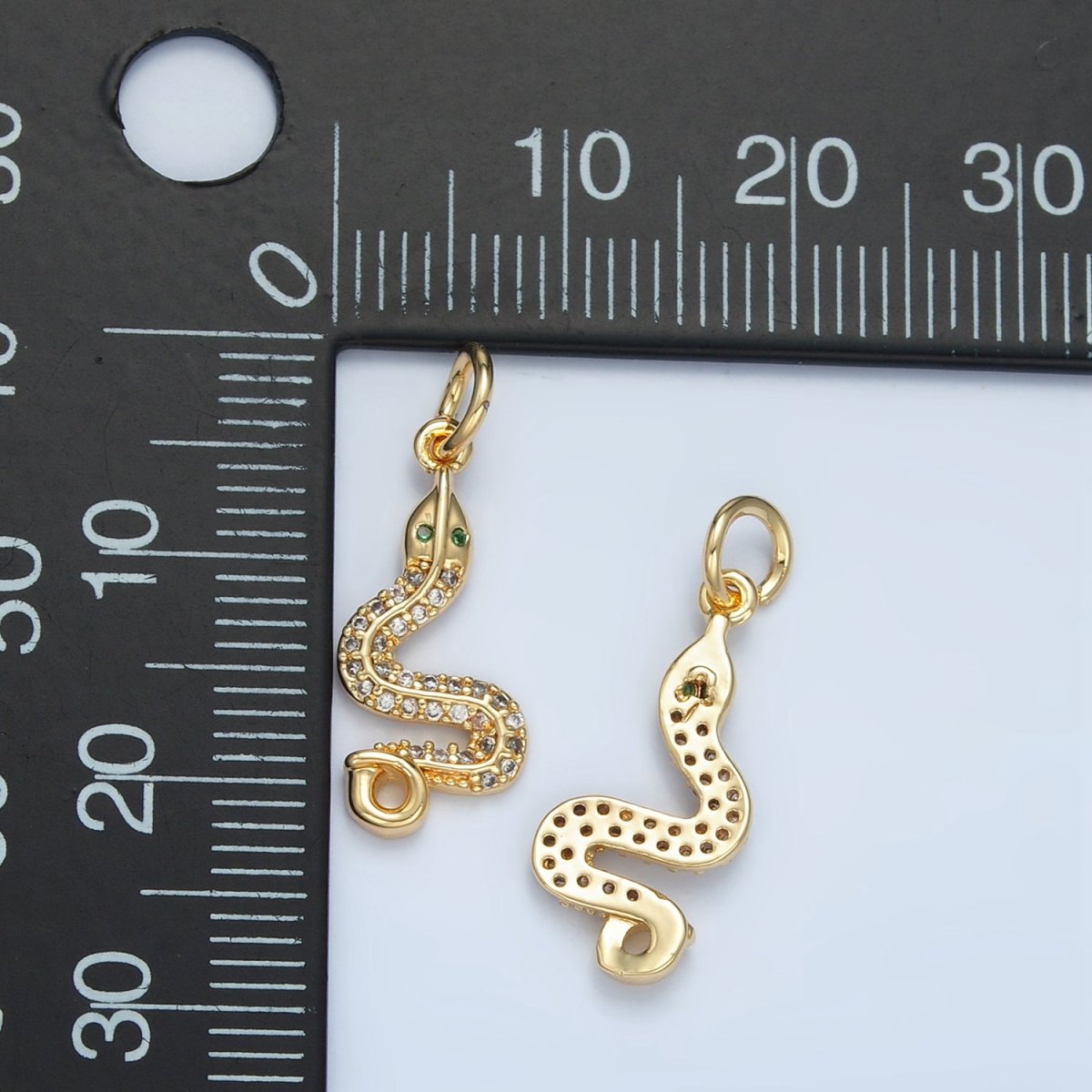 24K Gold plated Green - Eyed Micro Paved CZ Snake Serpent Animal Charm | N1394 - DLUXCA