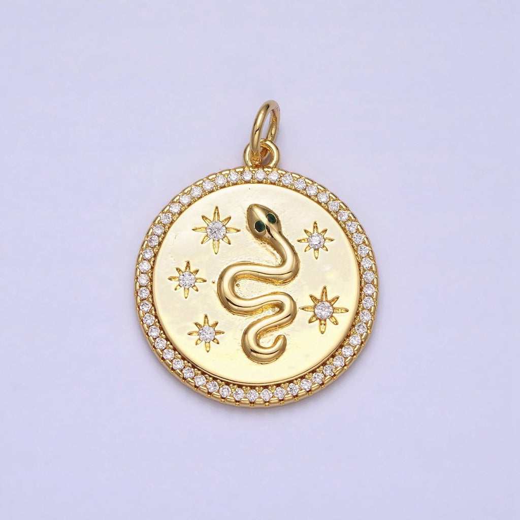 24K Gold plated Green-Eyed Snake Celestial Star Sun Clear Micro Paved CZ Round Charm | AC376 - DLUXCA