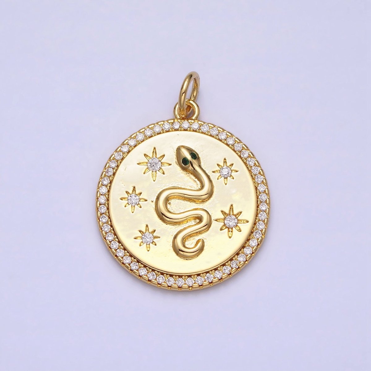 24K Gold plated Green-Eyed Snake Celestial Star Sun Clear Micro Paved CZ Round Charm | AC376 - DLUXCA