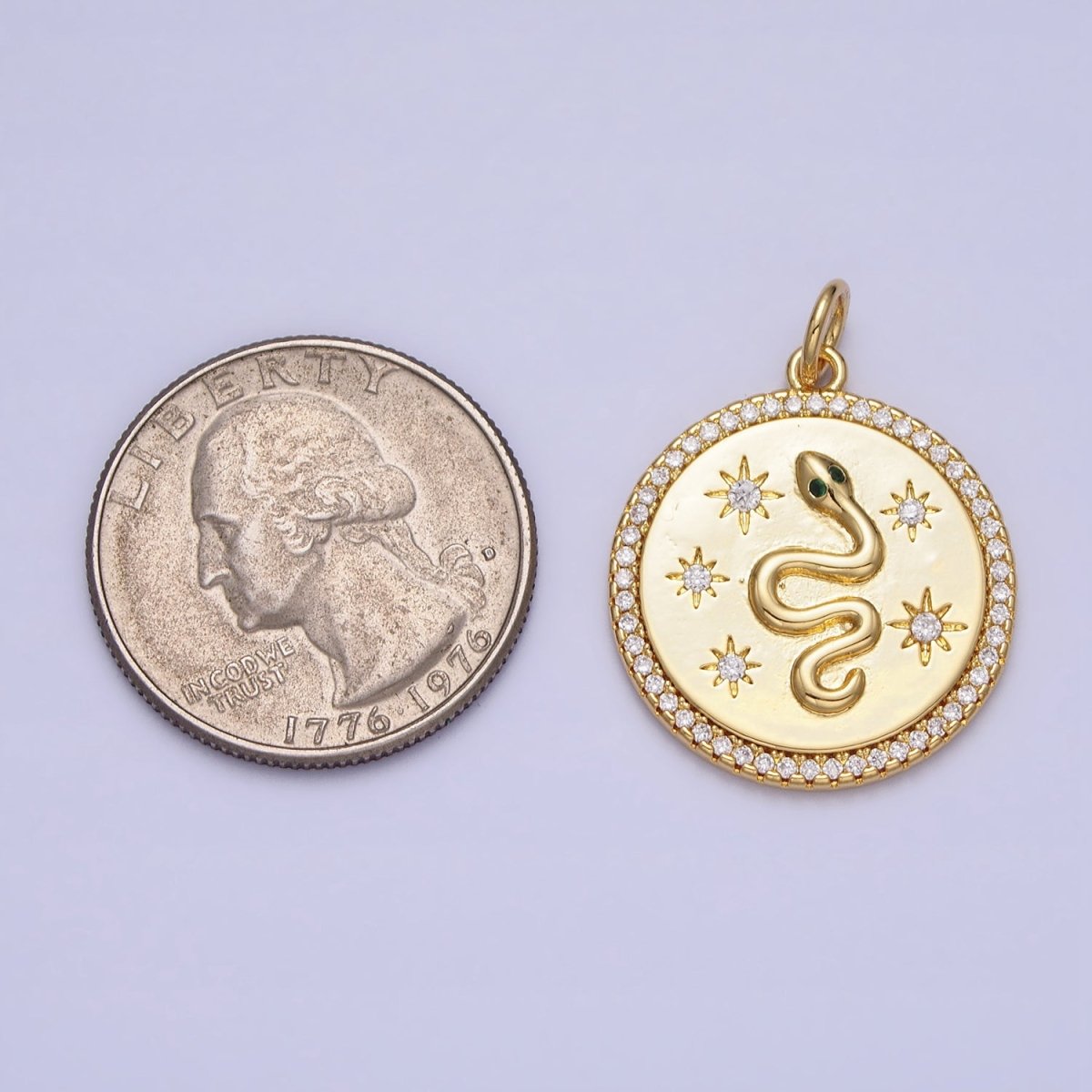 24K Gold plated Green-Eyed Snake Celestial Star Sun Clear Micro Paved CZ Round Charm | AC376 - DLUXCA