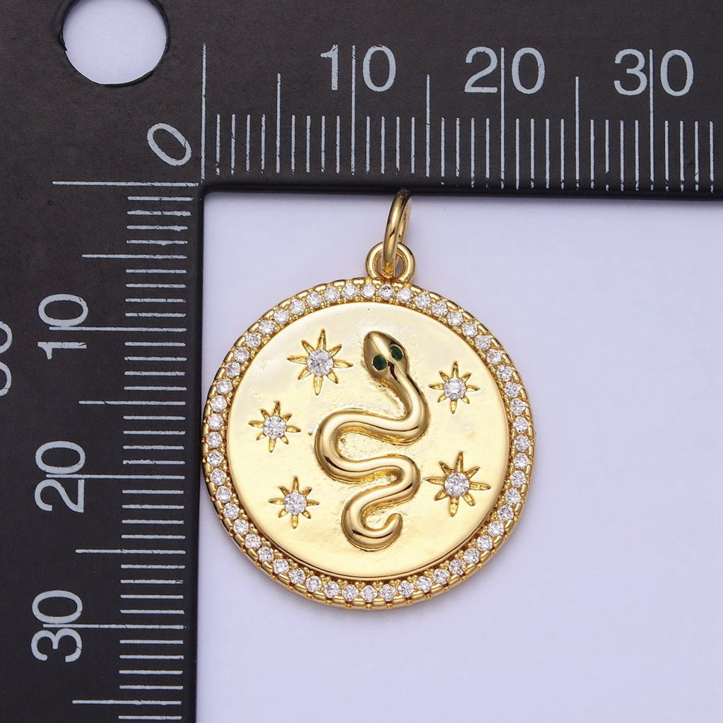 24K Gold plated Green-Eyed Snake Celestial Star Sun Clear Micro Paved CZ Round Charm | AC376 - DLUXCA