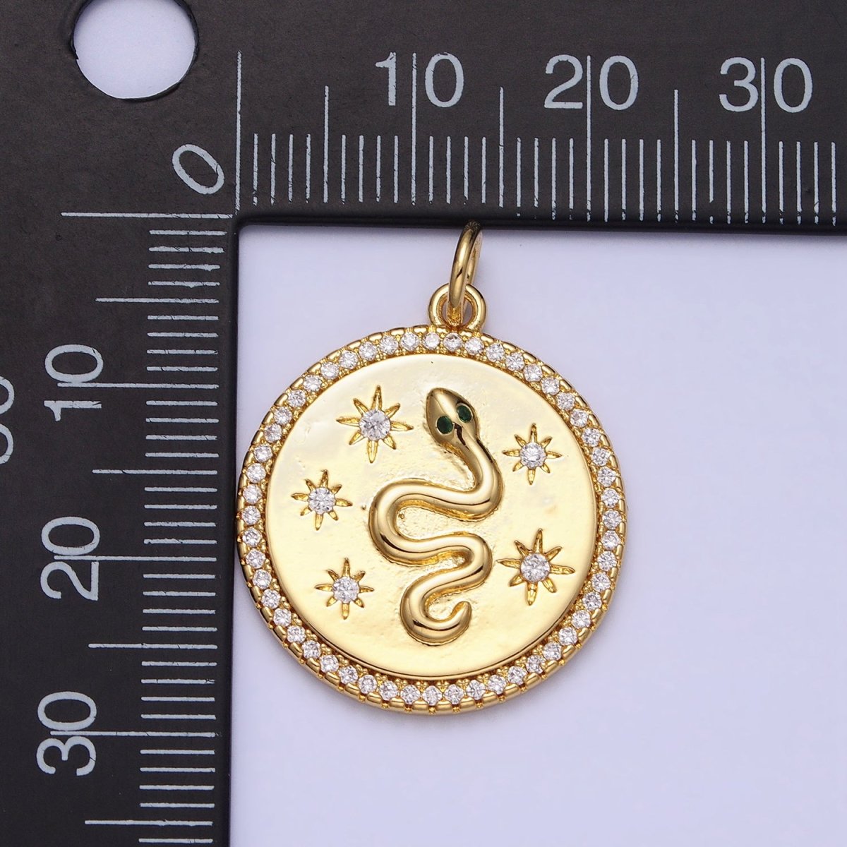24K Gold plated Green-Eyed Snake Celestial Star Sun Clear Micro Paved CZ Round Charm | AC376 - DLUXCA