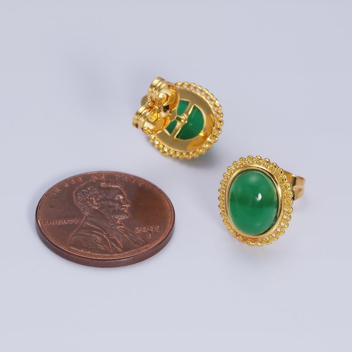 24K Gold plated Green Jade Cabochon Rounded Stud Earrings | AD1429 - DLUXCA