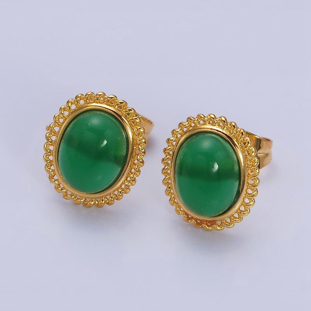 24K Gold plated Green Jade Cabochon Rounded Stud Earrings | AD1429 - DLUXCA