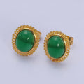 24K Gold plated Green Jade Cabochon Rounded Stud Earrings | AD1429 - DLUXCA