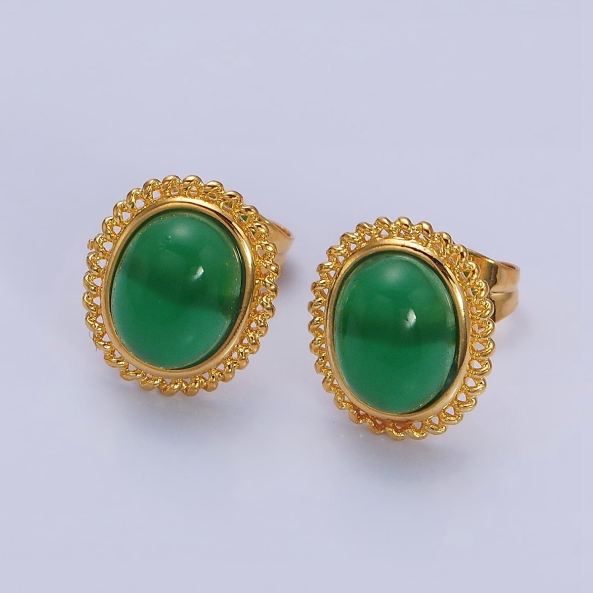 24K Gold plated Green Jade Cabochon Rounded Stud Earrings | AD1429 - DLUXCA