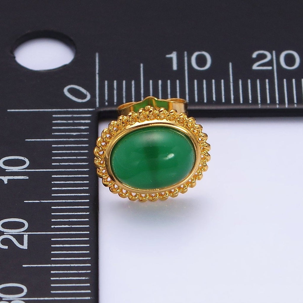 24K Gold plated Green Jade Cabochon Rounded Stud Earrings | AD1429 - DLUXCA