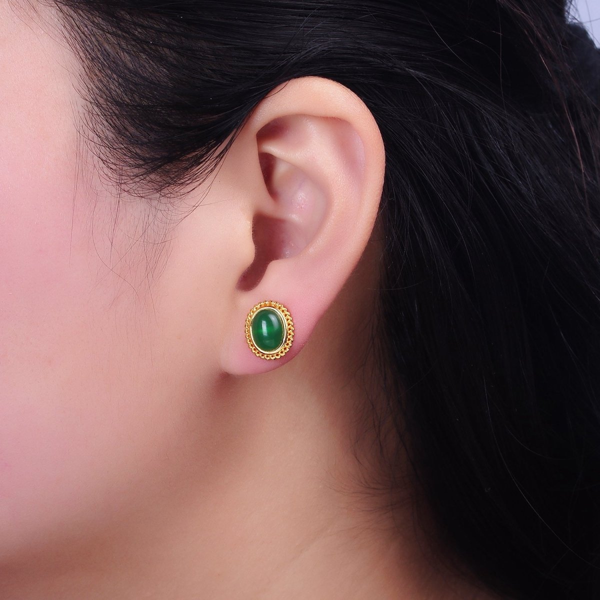 24K Gold plated Green Jade Cabochon Rounded Stud Earrings | AD1429 - DLUXCA