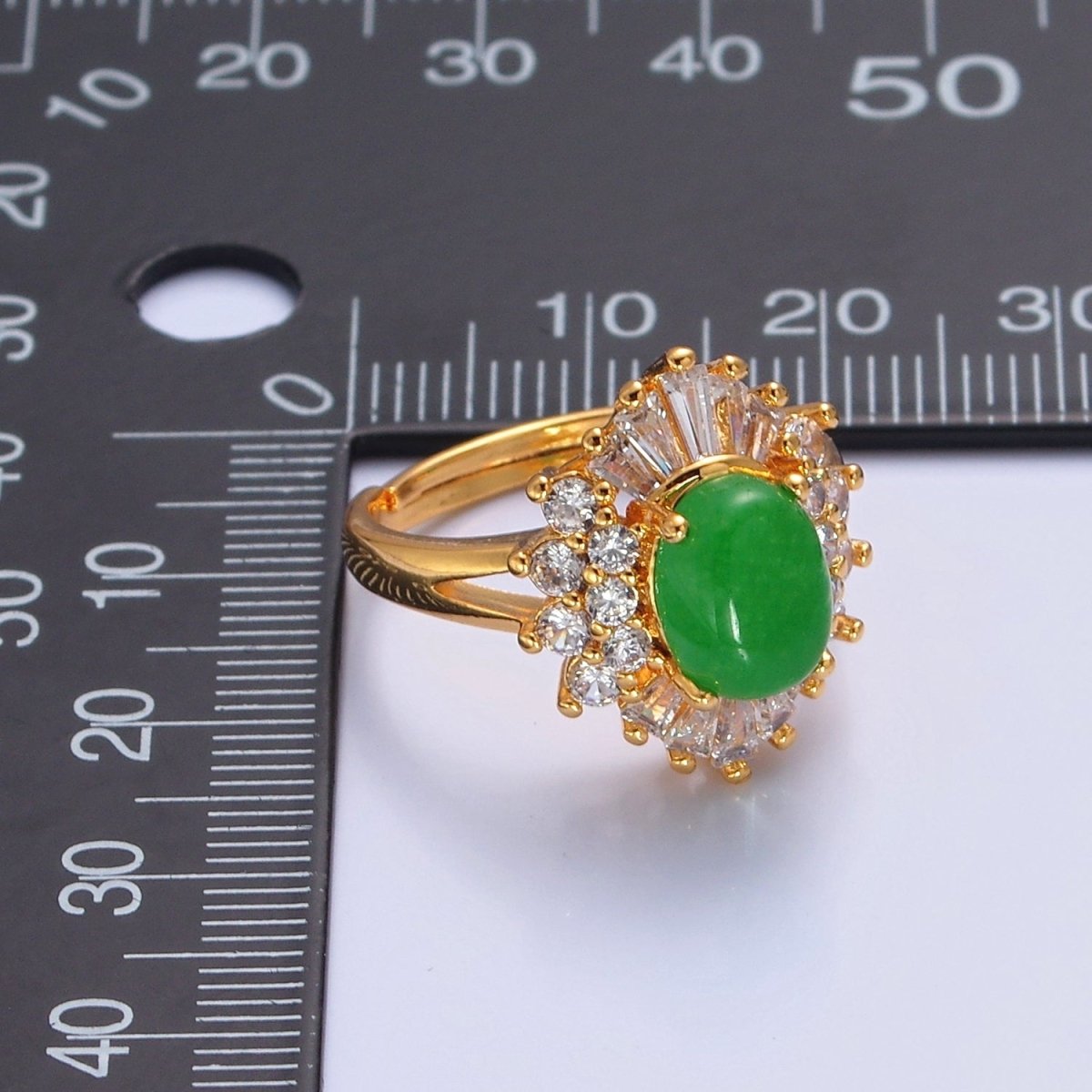24K Gold plated Green Jade Sunburst Baguette Round CZ Statement Ring O-767 - DLUXCA