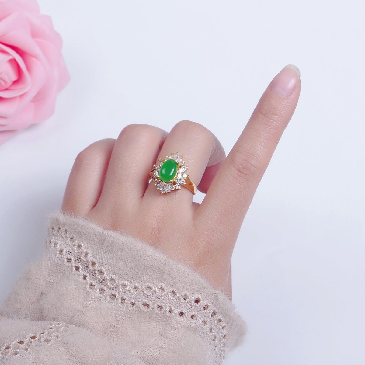 24K Gold plated Green Jade Sunburst Baguette Round CZ Statement Ring O-767 - DLUXCA