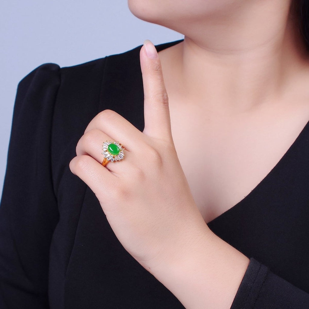 24K Gold plated Green Jade Sunburst Baguette Round CZ Statement Ring O-767 - DLUXCA