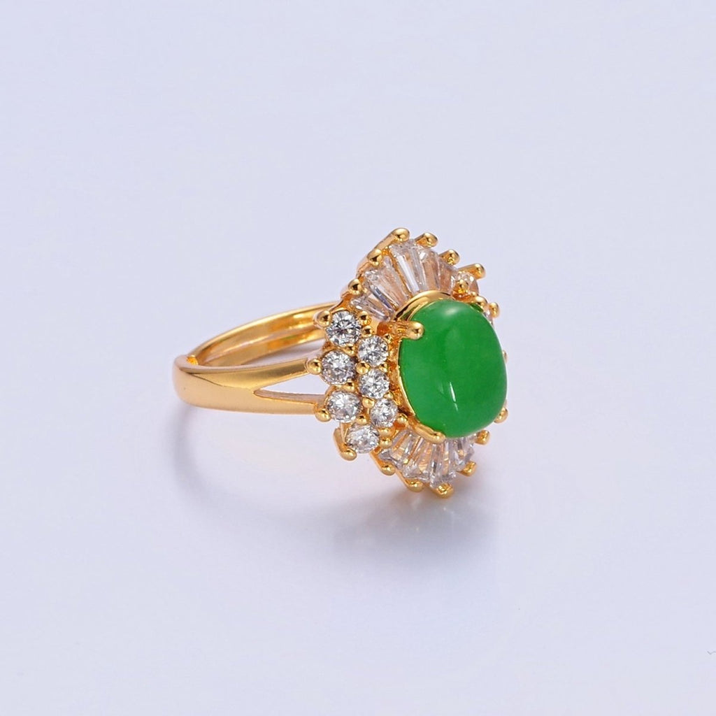 24K Gold plated Green Jade Sunburst Baguette Round CZ Statement Ring O-767 - DLUXCA