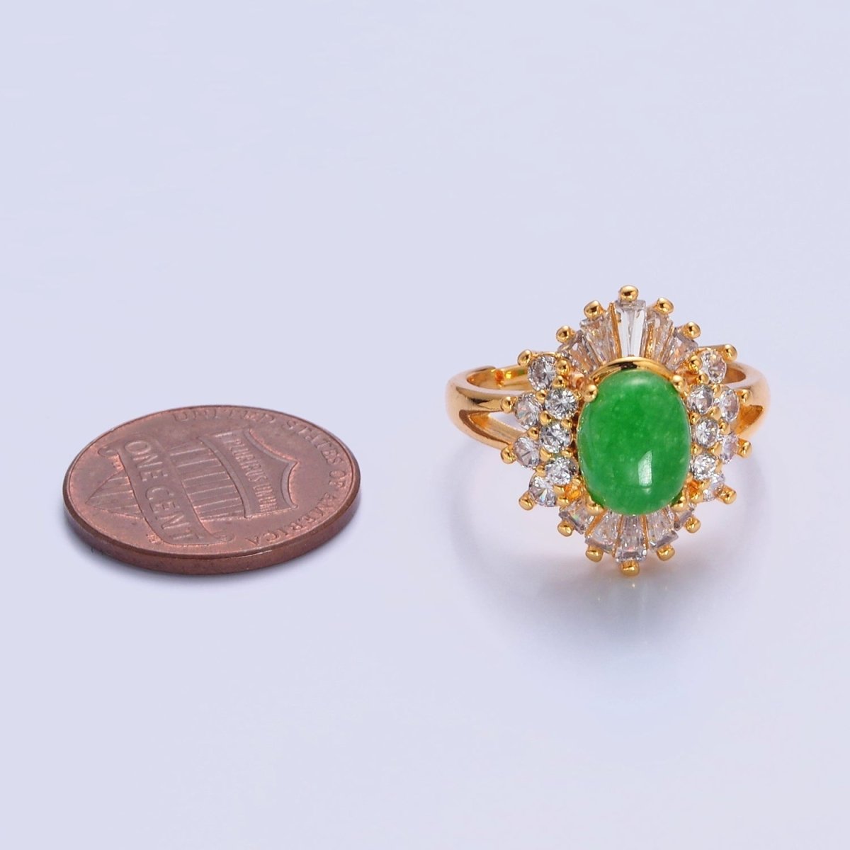 24K Gold plated Green Jade Sunburst Baguette Round CZ Statement Ring O-767 - DLUXCA