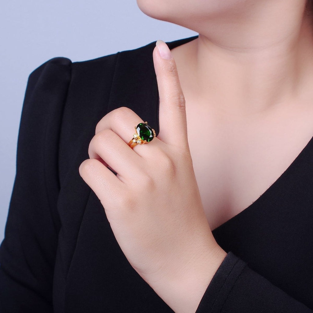 24K Gold plated Green Jade/Cubic Zirconia Double Band Adjustable Ring, O-2298, O-765 - DLUXCA