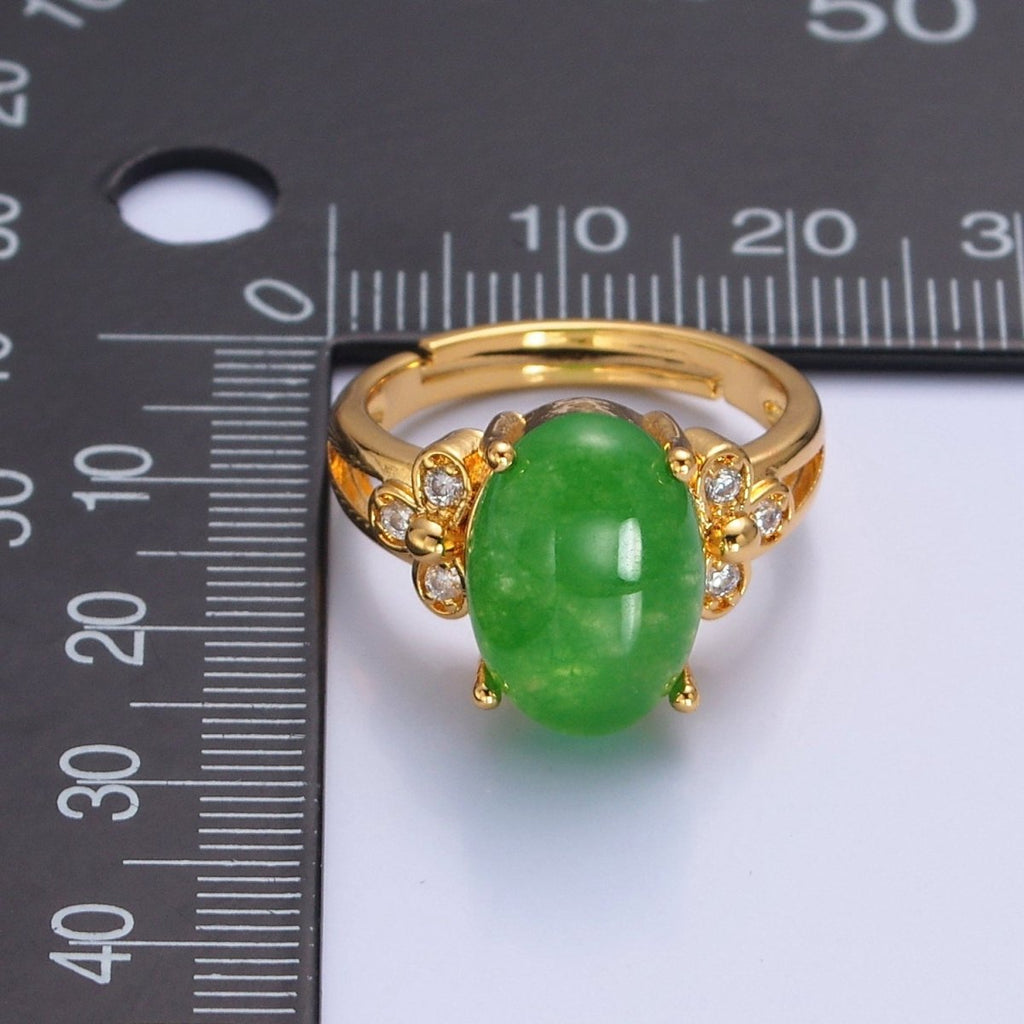 24K Gold plated Green Jade/Cubic Zirconia Double Band Adjustable Ring, O-2298, O-765 - DLUXCA