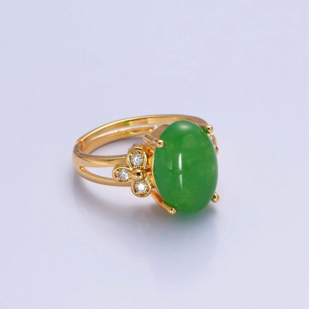 24K Gold plated Green Jade/Cubic Zirconia Double Band Adjustable Ring, O-2298, O-765 - DLUXCA
