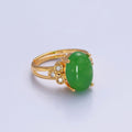24K Gold plated Green Jade/Cubic Zirconia Double Band Adjustable Ring, O-2298, O-765 - DLUXCA
