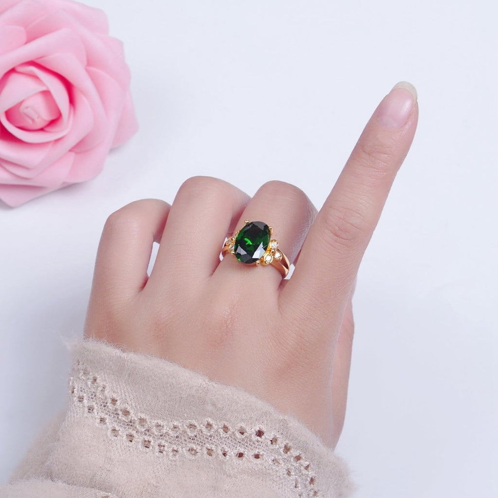 24K Gold plated Green Jade/Cubic Zirconia Double Band Adjustable Ring, O-2298, O-765 - DLUXCA