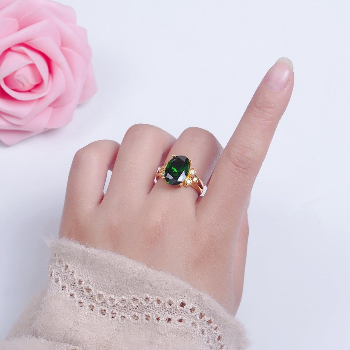 24K Gold plated Green Jade/Cubic Zirconia Double Band Adjustable Ring, O-2298, O-765 - DLUXCA