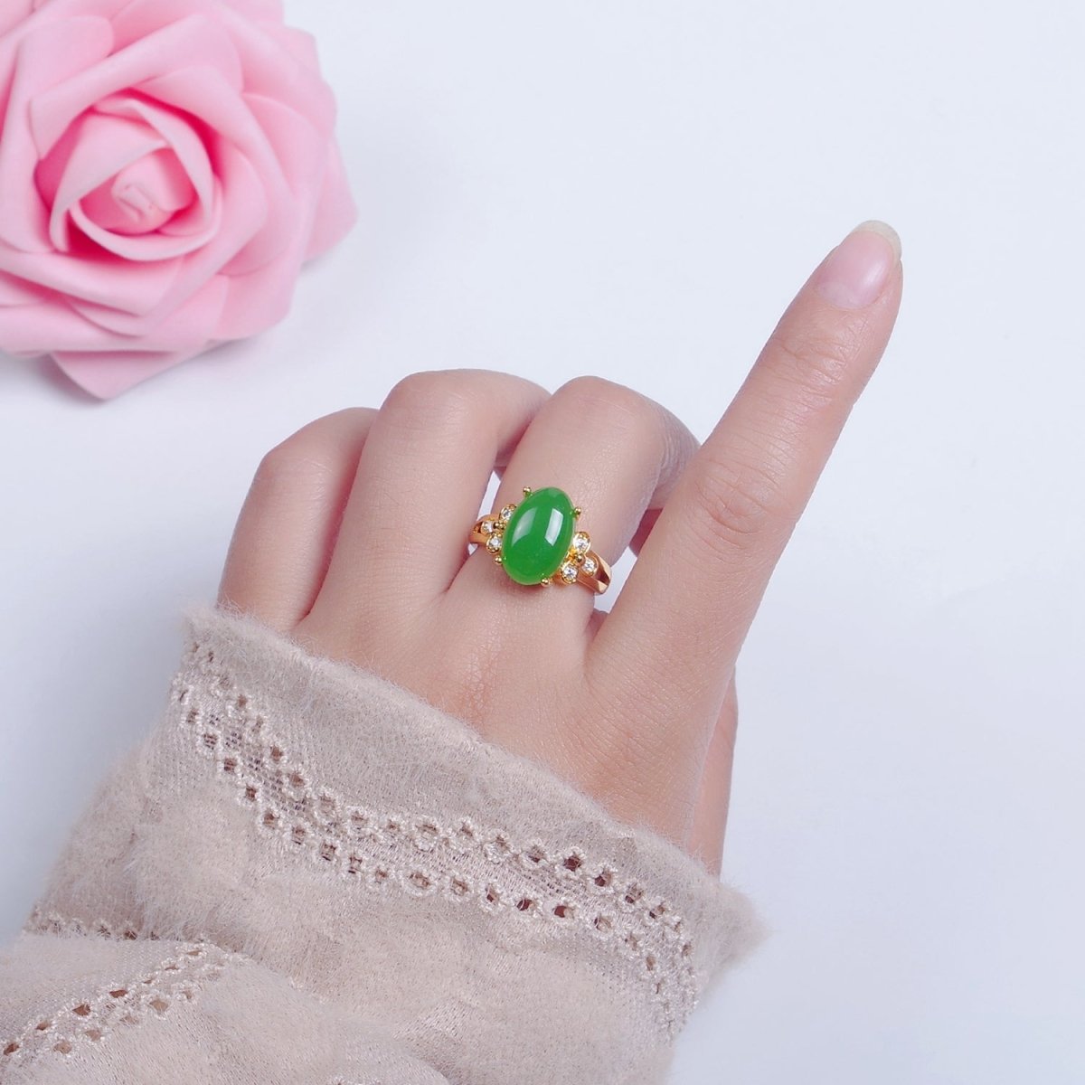 24K Gold plated Green Jade/Cubic Zirconia Double Band Adjustable Ring, O-2298, O-765 - DLUXCA