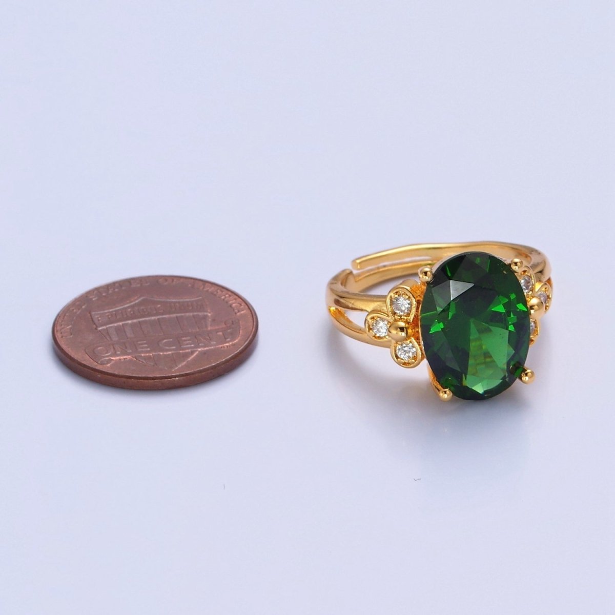 24K Gold plated Green Jade/Cubic Zirconia Double Band Adjustable Ring, O-2298, O-765 - DLUXCA