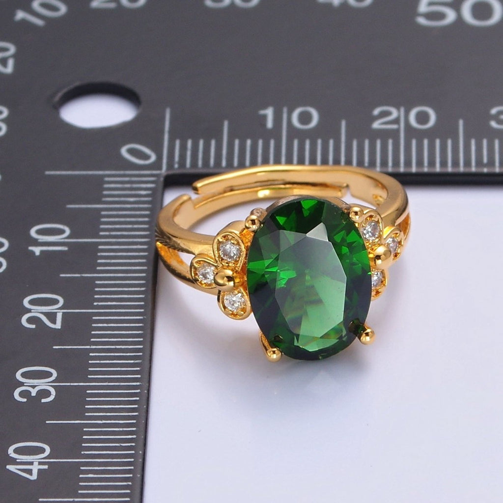 24K Gold plated Green Jade/Cubic Zirconia Double Band Adjustable Ring, O-2298, O-765 - DLUXCA