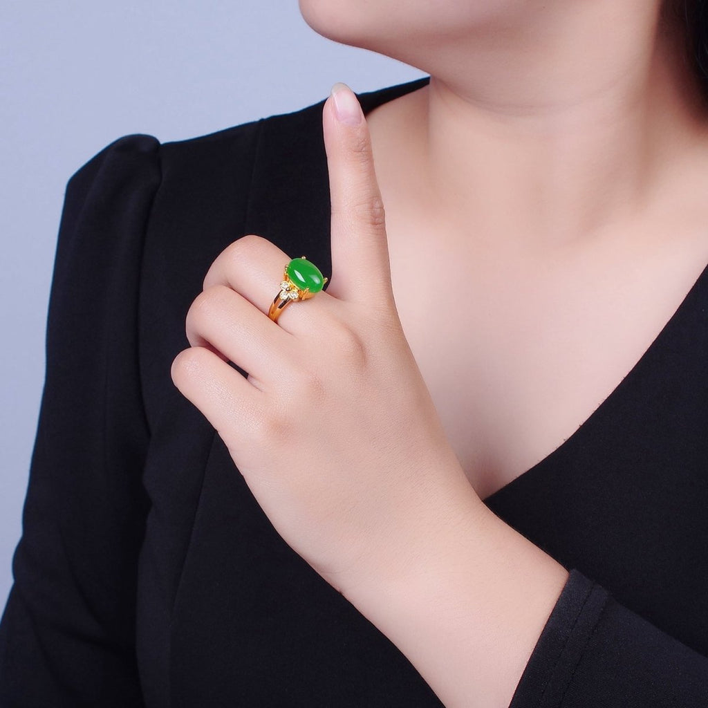 24K Gold plated Green Jade/Cubic Zirconia Double Band Adjustable Ring, O-2298, O-765 - DLUXCA