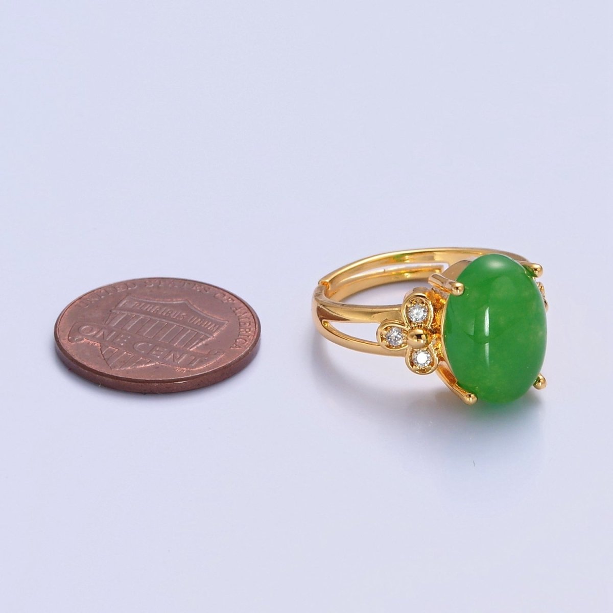 24K Gold plated Green Jade/Cubic Zirconia Double Band Adjustable Ring, O-2298, O-765 - DLUXCA