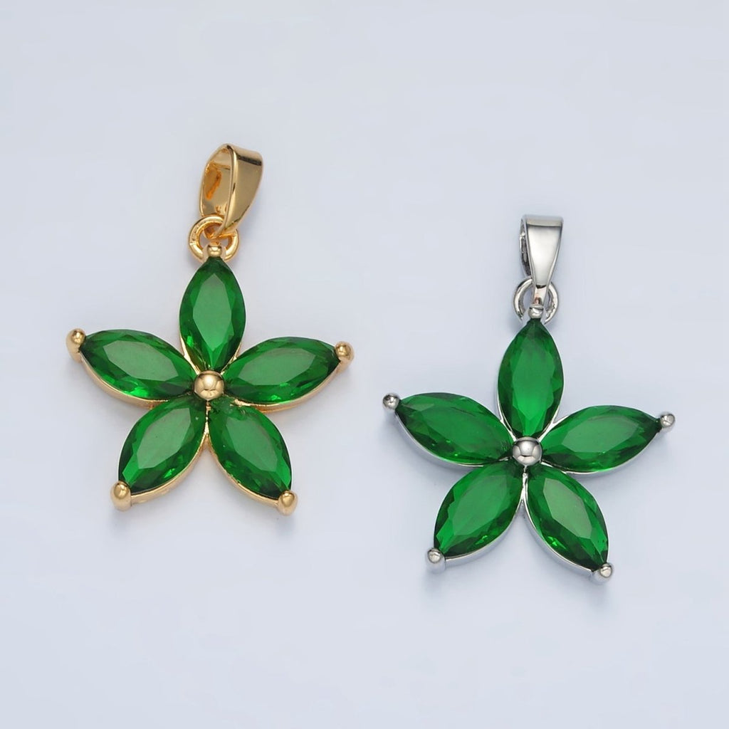 24K Gold plated Green Marquise CZ Flower Pendant in Gold & Silver | AA1389 - DLUXCA