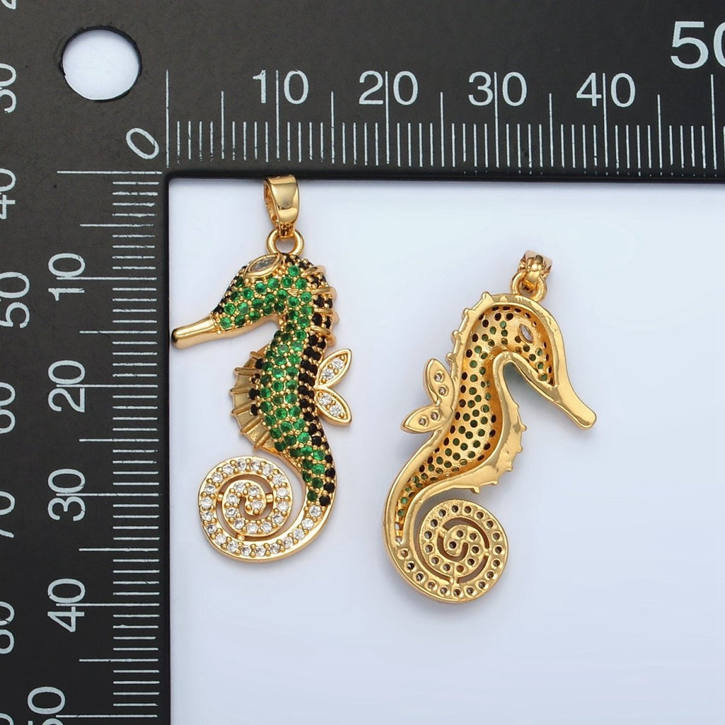 24K Gold plated Green Micro Paved Sea Horse Ocean Animal Pendant | I288 - DLUXCA