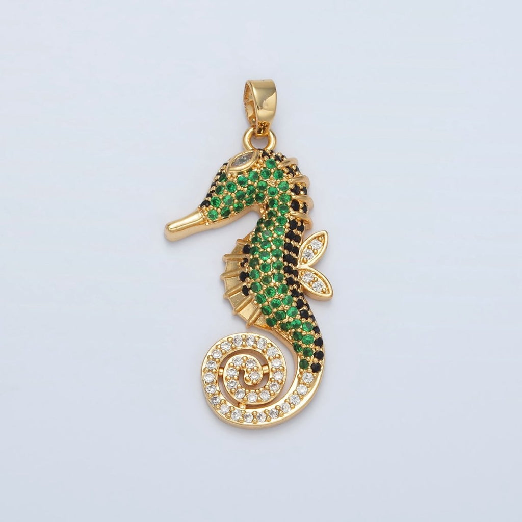 24K Gold plated Green Micro Paved Sea Horse Ocean Animal Pendant | I288 - DLUXCA