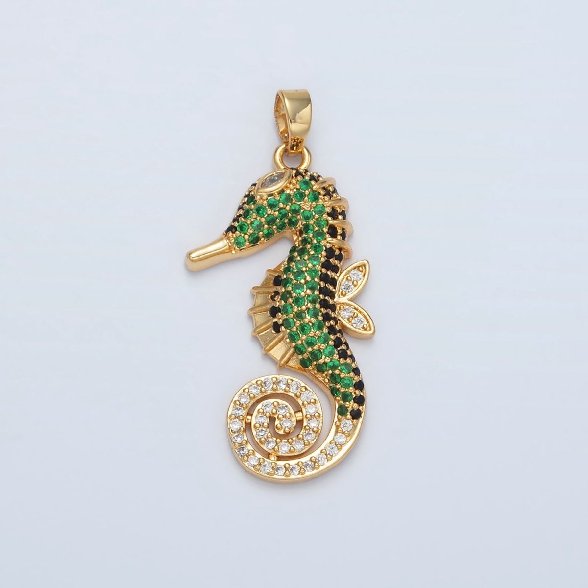 24K Gold plated Green Micro Paved Sea Horse Ocean Animal Pendant | I288 - DLUXCA