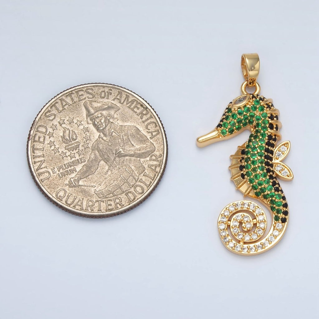 24K Gold plated Green Micro Paved Sea Horse Ocean Animal Pendant | I288 - DLUXCA
