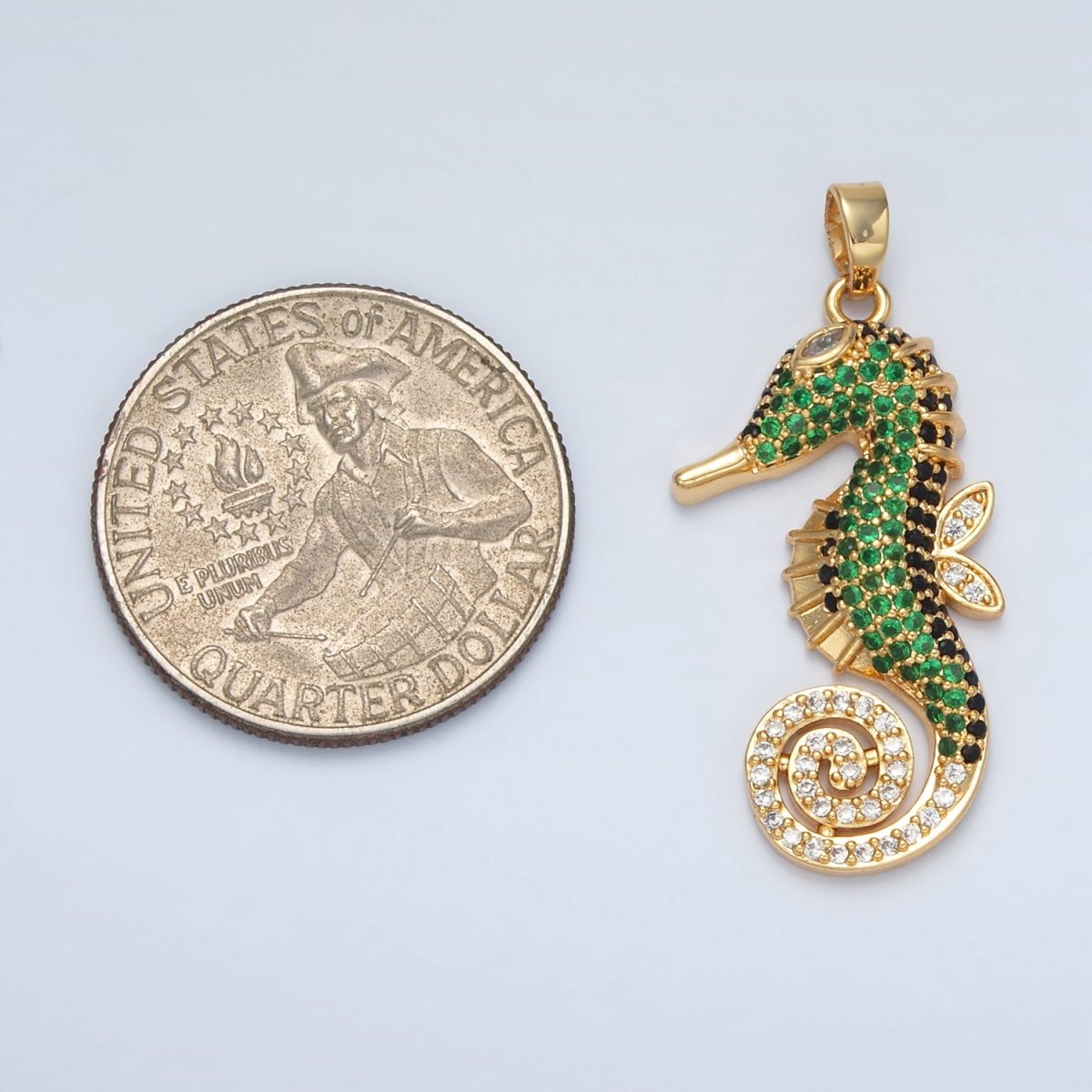 24K Gold plated Green Micro Paved Sea Horse Ocean Animal Pendant | I288 - DLUXCA